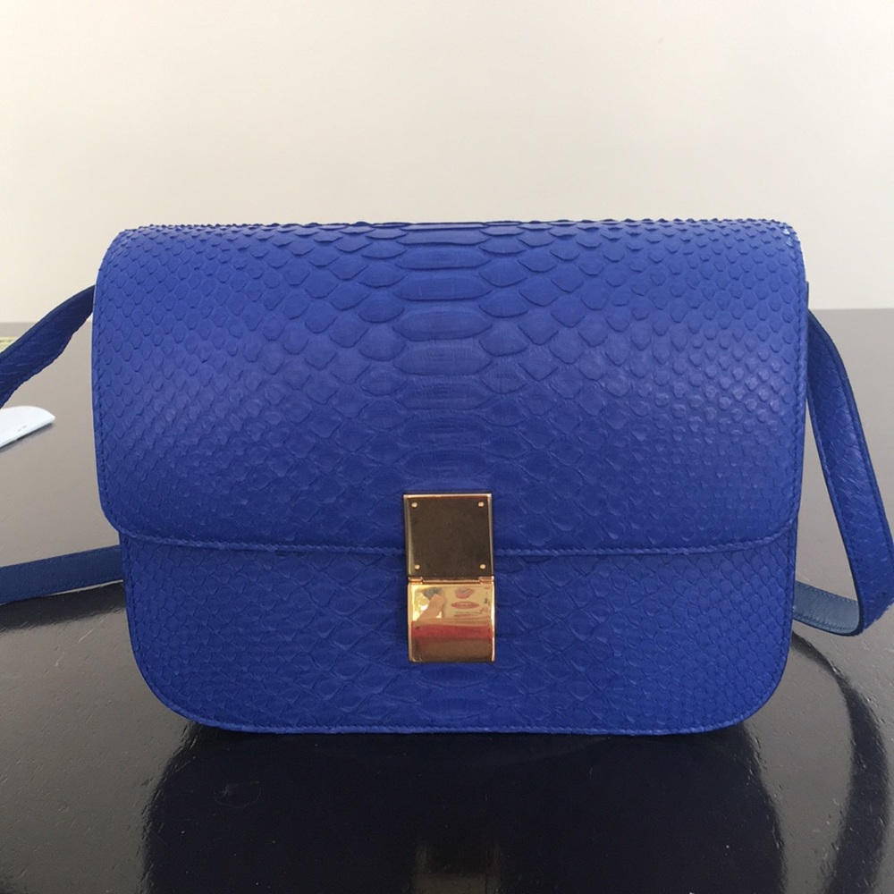 Celine blue python gold hardware box bag